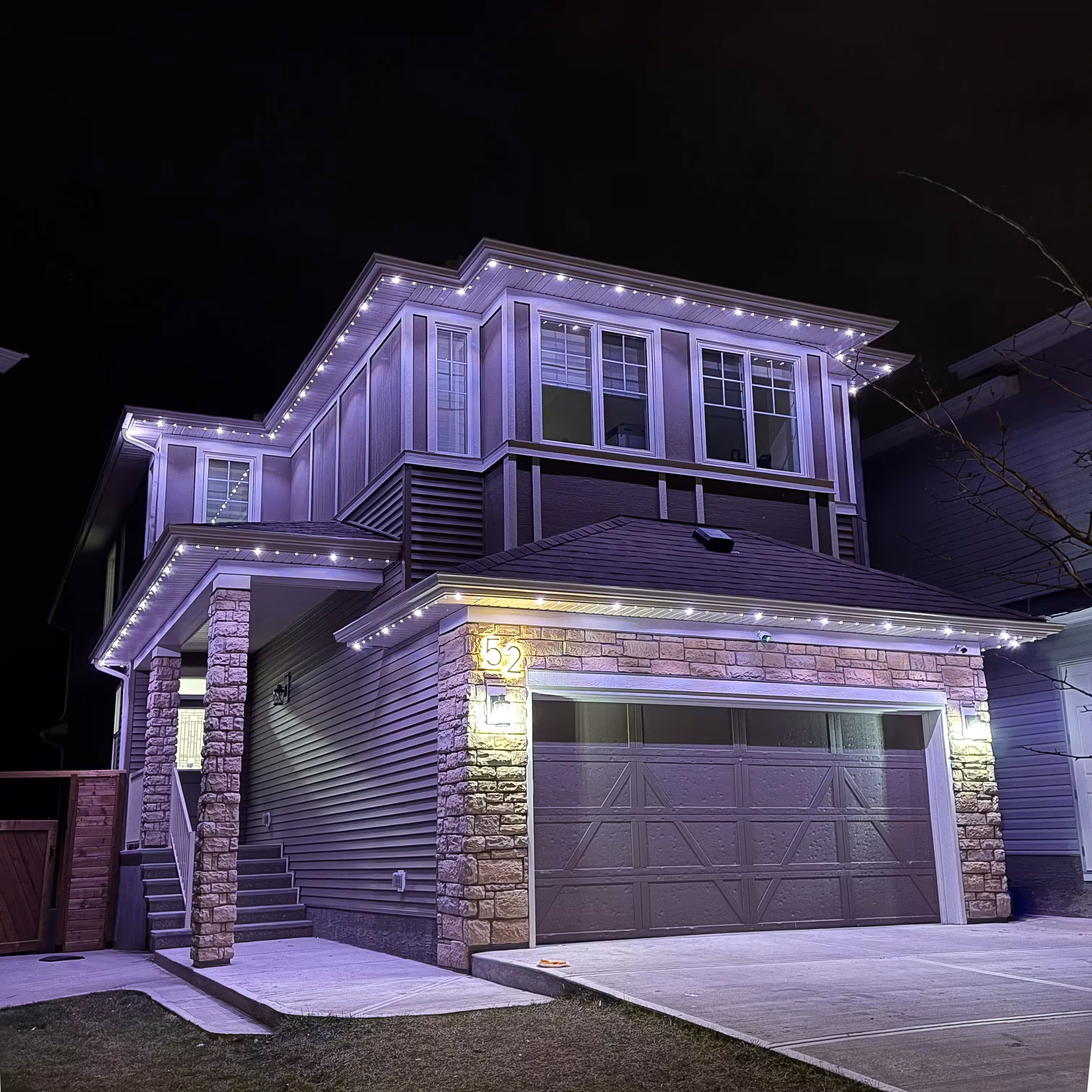Left side of house with permanent LED lighting